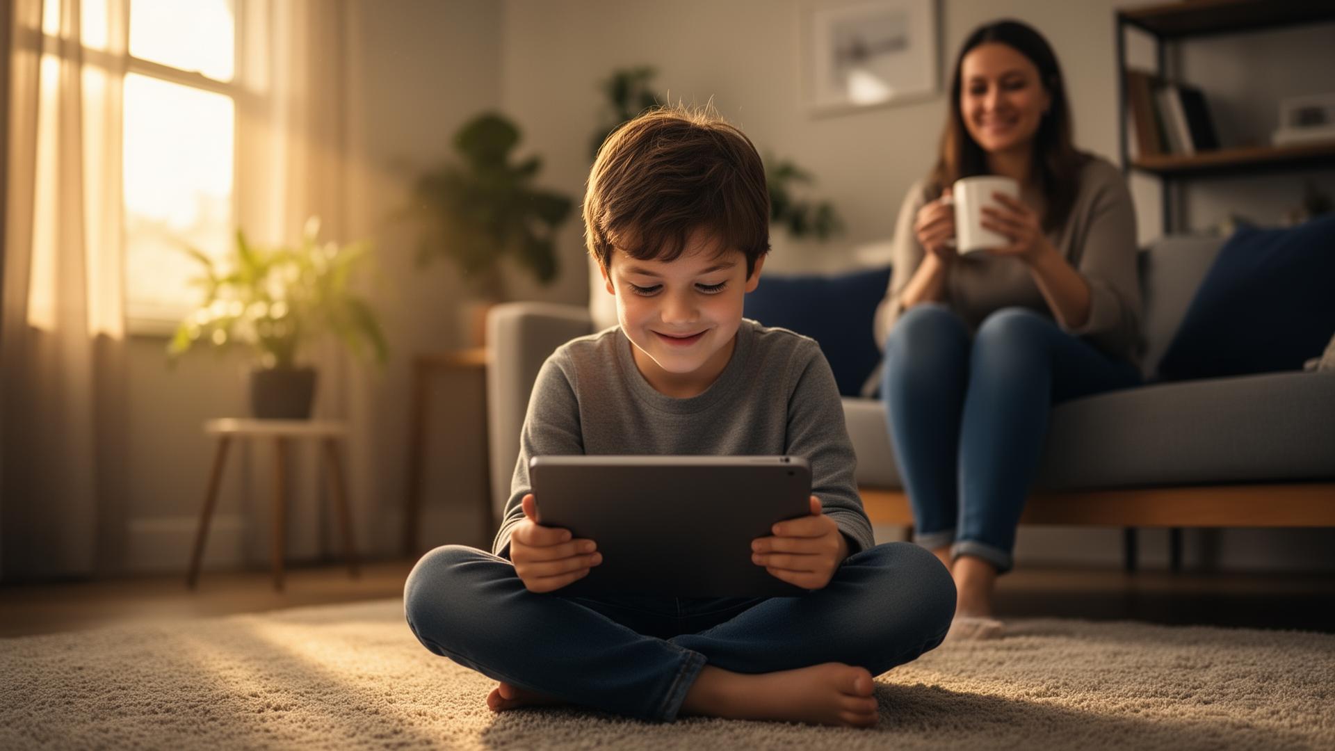 Niño usando Mr. Todd en la tablet mientras su mamá disfruta de un café en el sofá